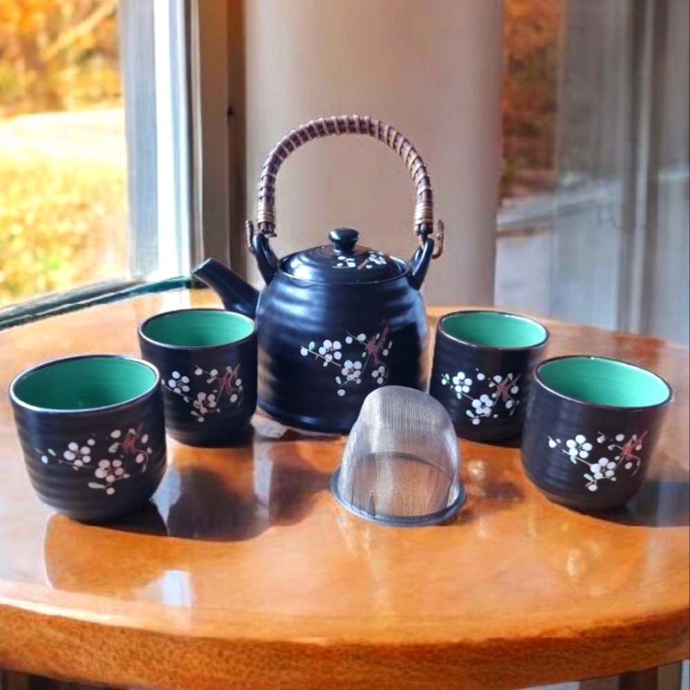 Elegant Dark Brown Wicker Handle Floral Tea Set For 4 With Infuser